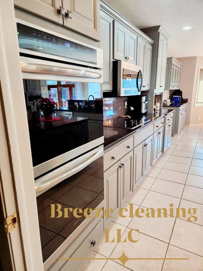 Open-plan kitchen and dining table, cleaned and reset